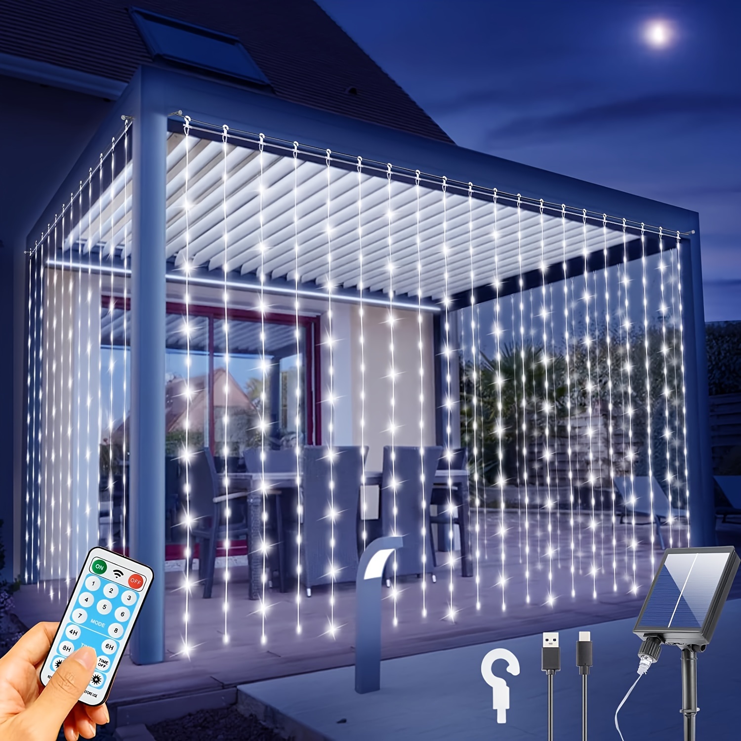 

Upgraded Solar Curtain Lights 600 Led Outdoor Waterfall String Lights Waterproof 8 Modes Remote Type C Charging Hanging Twinkle Fairy Lights Dimmable For Christmas Gazebo Party Wedding Window