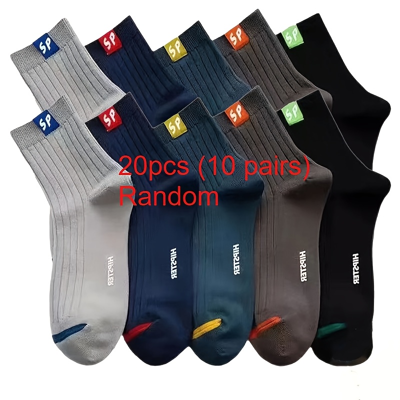 Image of 20pcs (10 Pairs) Random Color Sp Men's Socks, Spring/autumn And Summer Men's Socks, Mid-calf Socks, Men's Casual Sports Breathable Socks