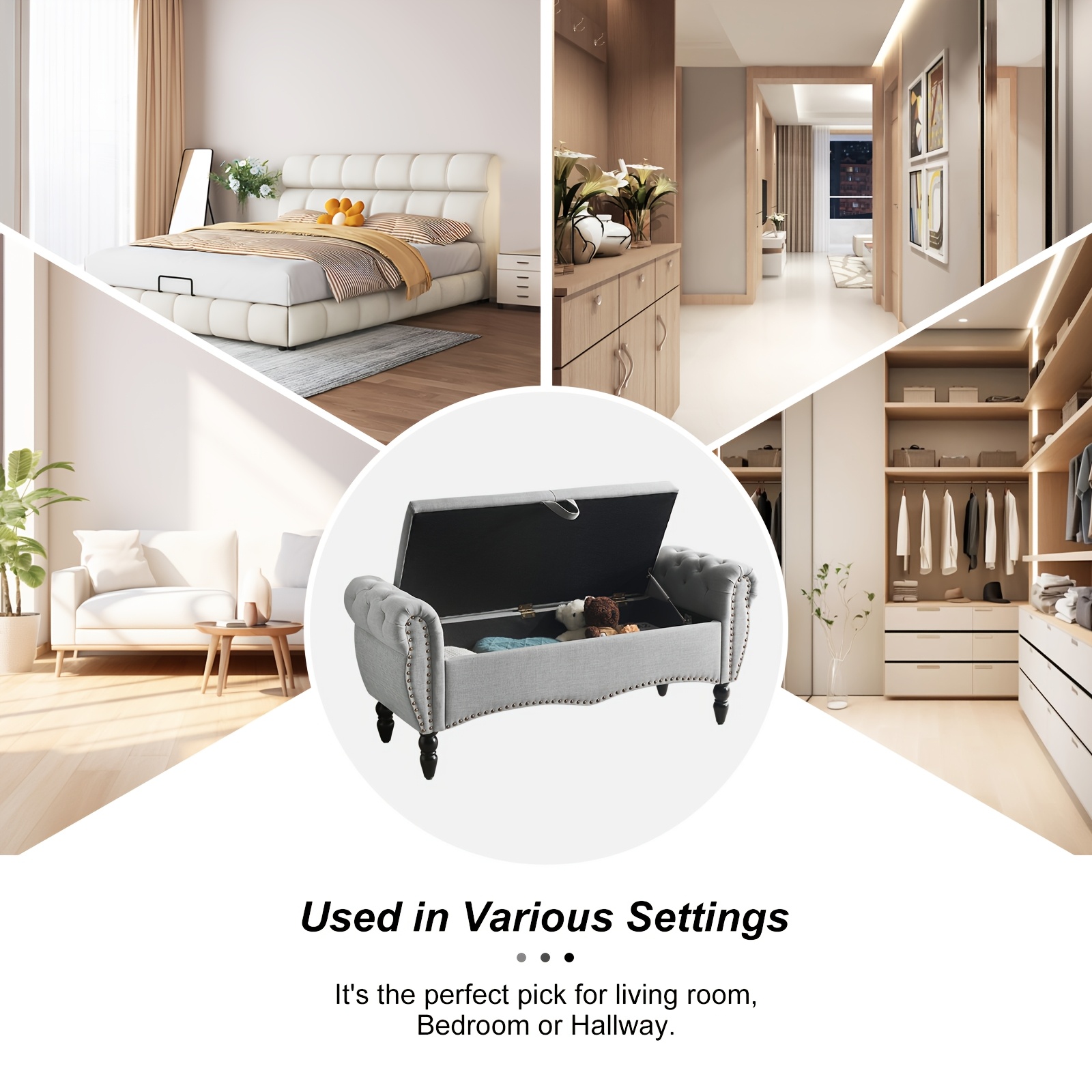 Mid-Century Modern Large Capacity Wooden Storage Box, Bedroom End of Bed Chair with Roll-Up Arms - Spacious Storage Space, Flip-Top Design, Perfect for Bedroom, Living Room, Hallway - Durable, Sturdy, Easy to Assemble