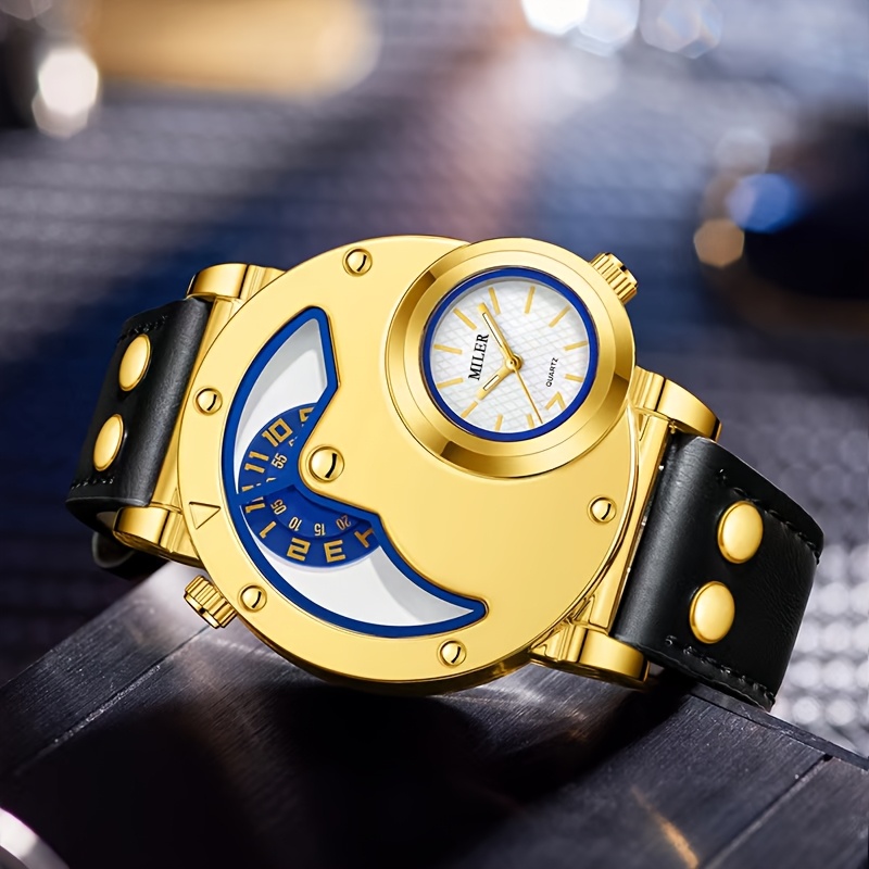 Elegant Men's Quartz Watch with Dual Time Display - Golden-Tone, Faux Leather Strap, Business Style