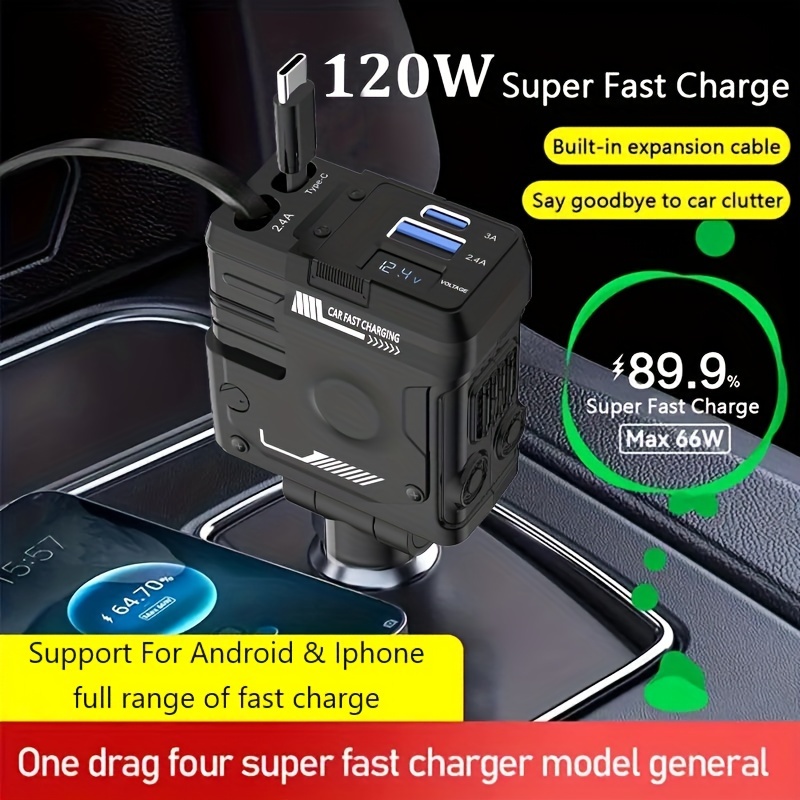 

Super Fast 120w , Cool Mech Style, Adjustable Body Direction, Voltage Supervision, Retractable Data Cable, 4 In 1 Comes With Cable And Type-c, Compatible With Phone, Tablet Pc, Pixel And More.