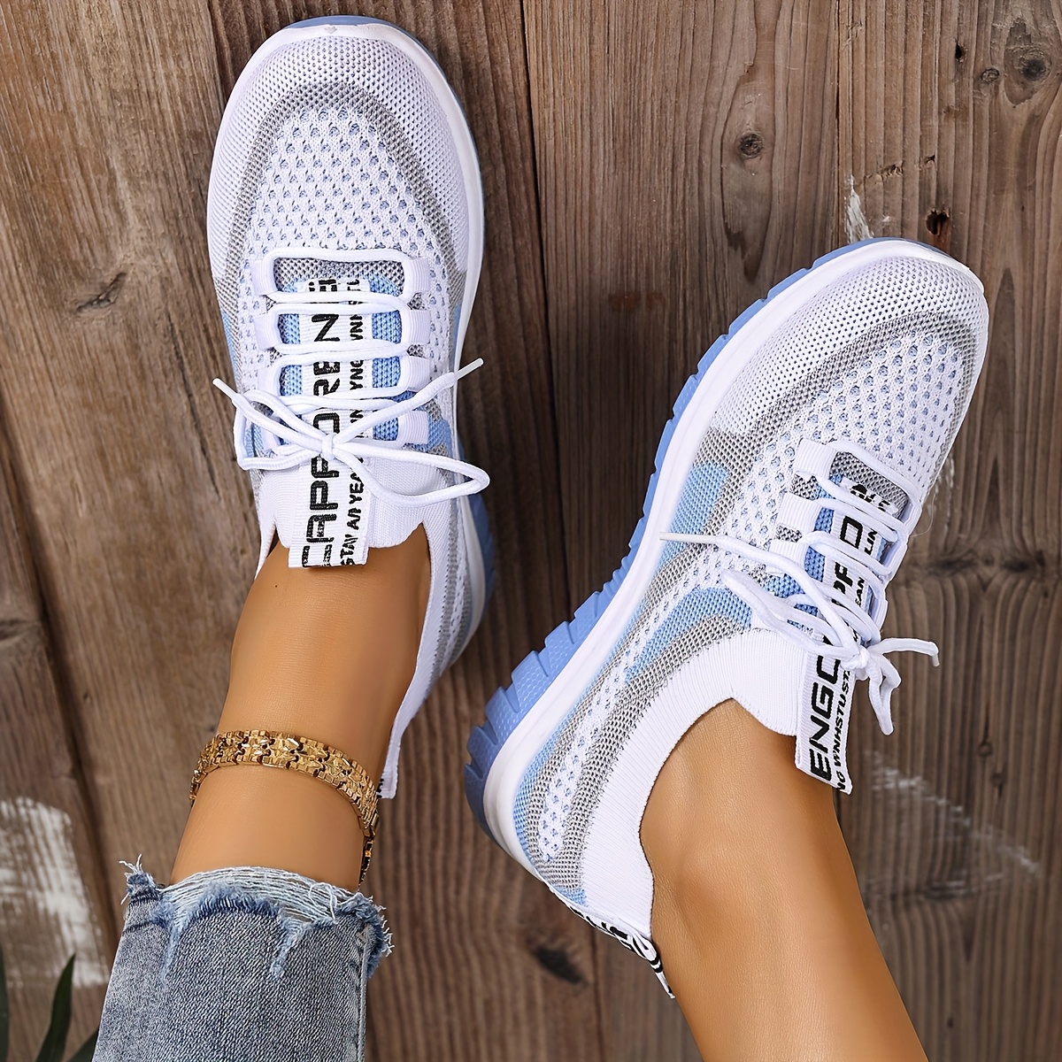 Tenis blancos ligeros y transpirables para mujer, cómodos, casuales, de caña baja con cordones, diseño de bloques de color, suela de goma flexible, ideales para viajes al aire libre y uso diario, para todas las estaciones