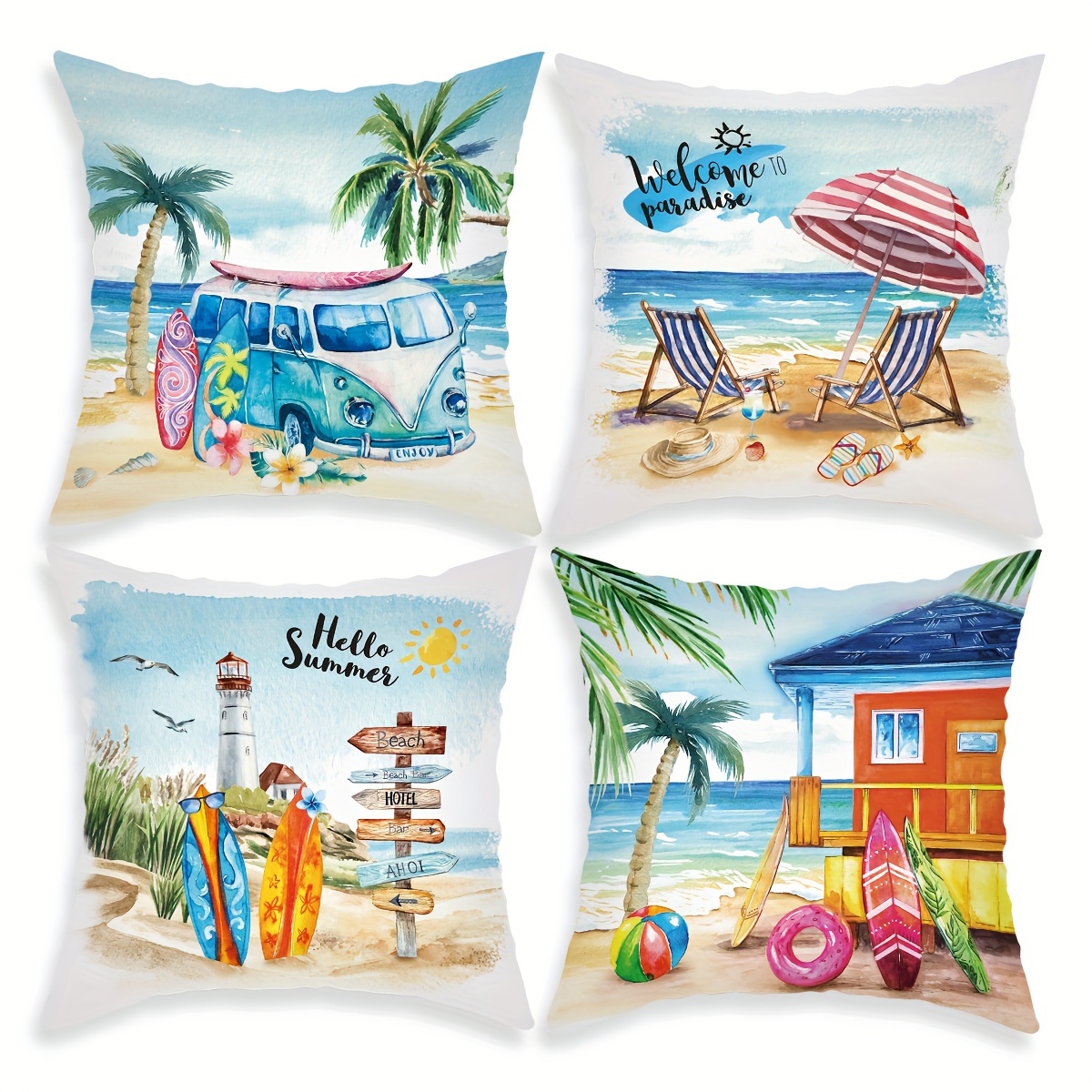 

4pcs/1pc Summer Beach Coconut Tree Surfboard Vacation Style Printed Throw Pillow Case, Home Decoration Sofa Cushion Throw Pillow Pillow Cover 18"x18