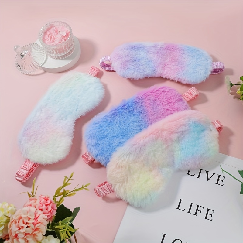 Image of 4pcs Long Plush Sleep Mask, Fluffy Sleep Mask, Soft And Comfortable Eye Mask, Rainbow Elastic Faux Fur Eye Mask For Adults, Travel, Napping, Sleep