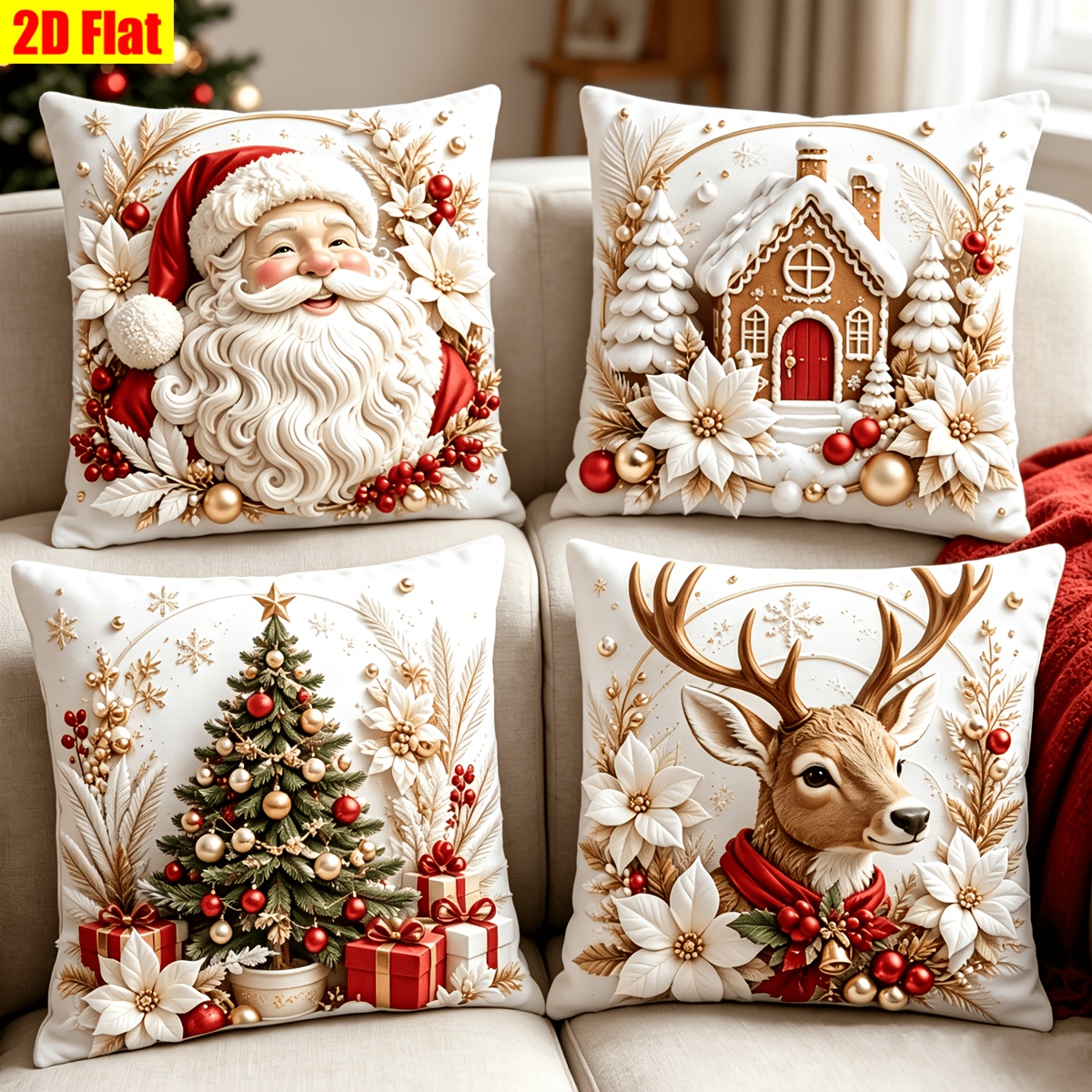 TEMU [printed Design - Not Textured] 4pcs Set, Christmas Theme Pillowcases, Featuring Santa Claus, Gingerbread House, Reindeer, And Christmas Tree