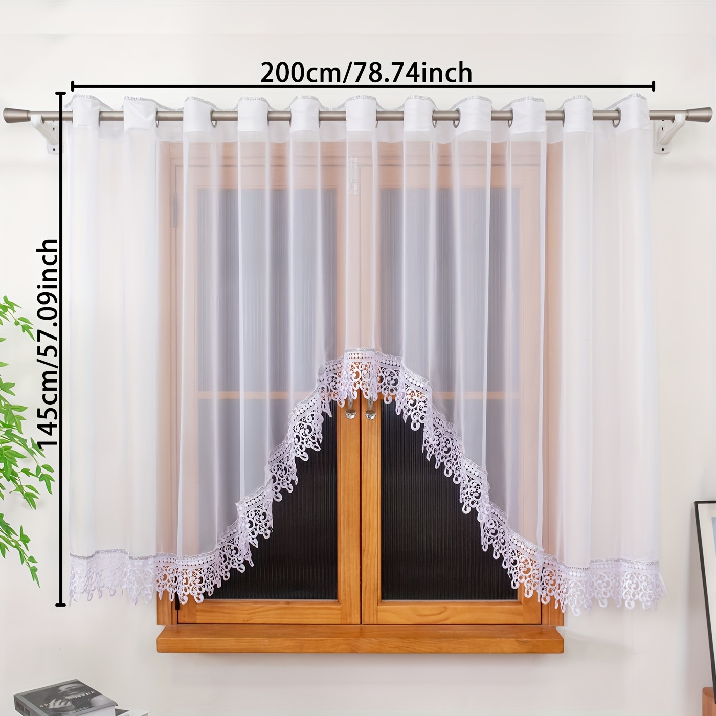 Image of 1pc Of Translucent Arched Tulle Curtain With Embroidery Lace, Light And Translucent, Grommets, 150*95cm/200*145cm, Suitable For Living Room, Bedroom, Kitchen