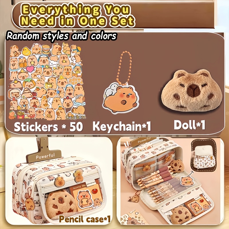 TEMU 53pcs Capybara-themed School & Office Supply Bundle | Includes Random Capybara Plush, Stickers & Additions, Multi-compartment Zipper Pen Case -