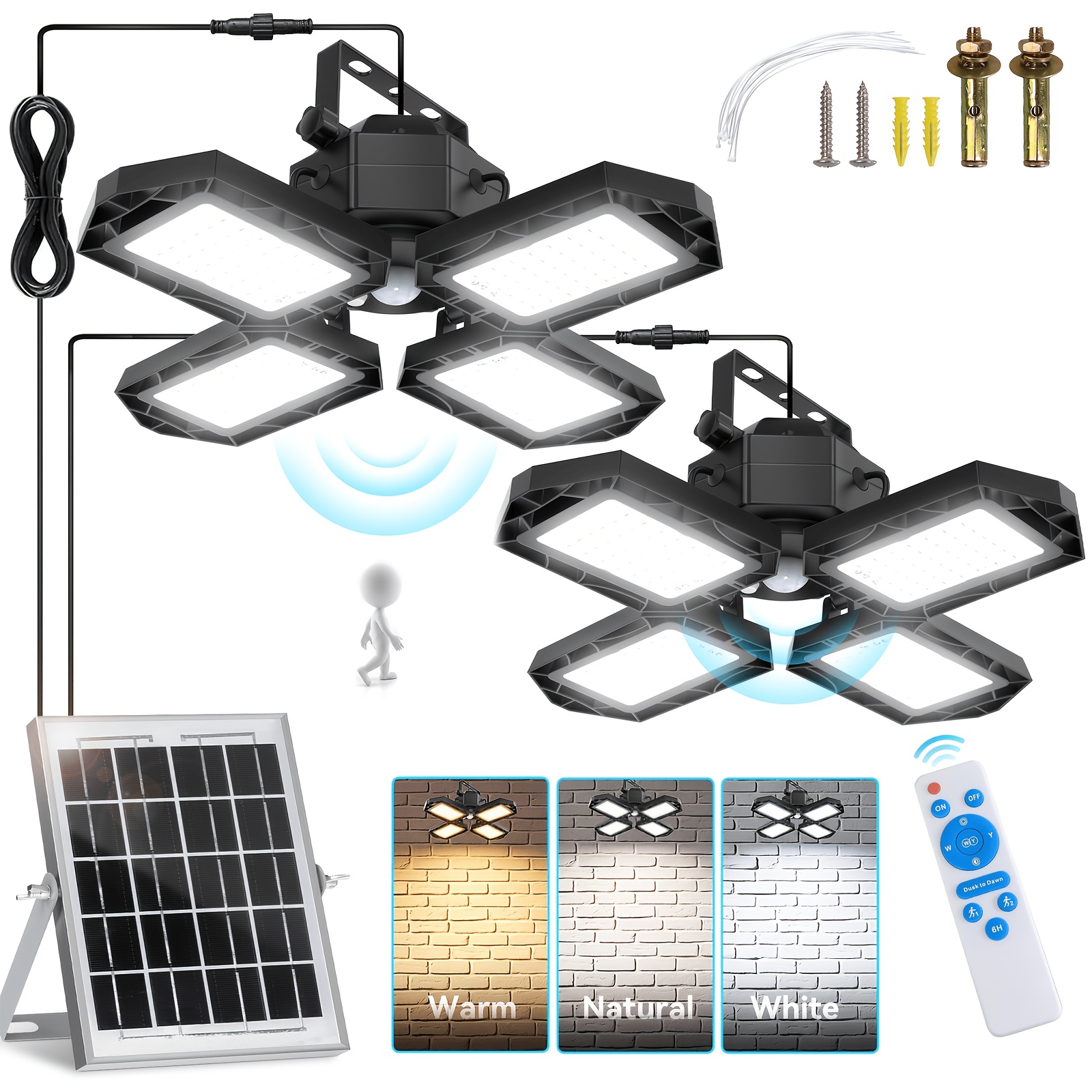 TEMU Solar Pendant Light, 168 Led Solar With Motion Sensor, Remote Control And Detachable Solar Panel, Ip65 Waterproof Indoor Outdoor Hanging Lamp
