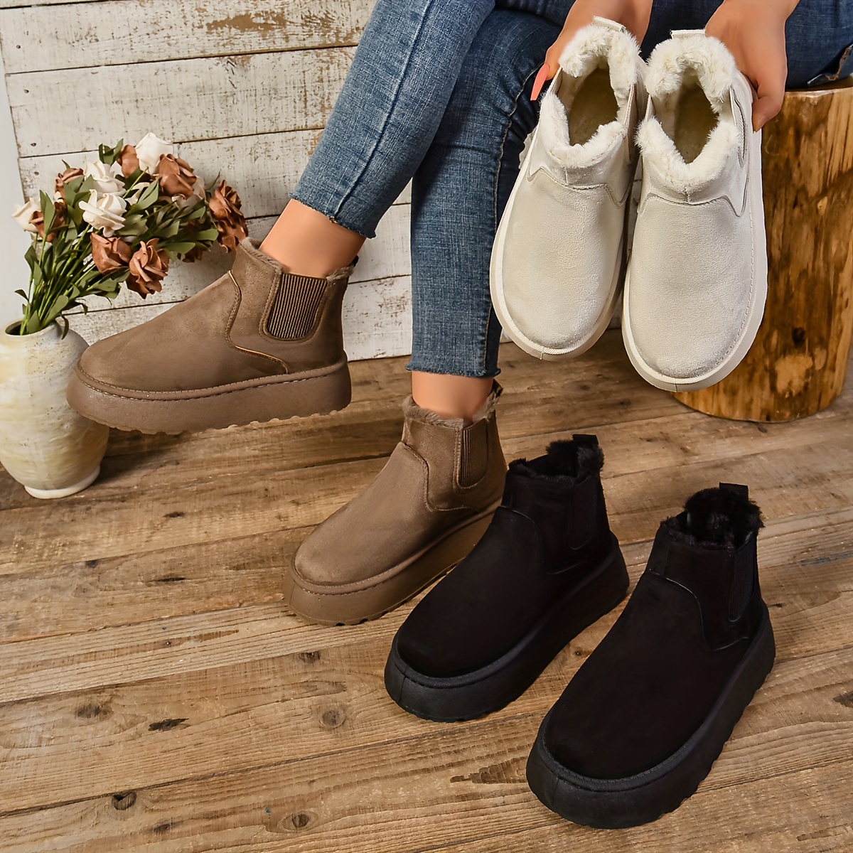 

Bottines à talons compensés pour femmes - Bottines à enfiler à bout rond avec tige, intérieur et semelle intérieure en tissu - Design spécial européen de couleur unie avec semelle en PU