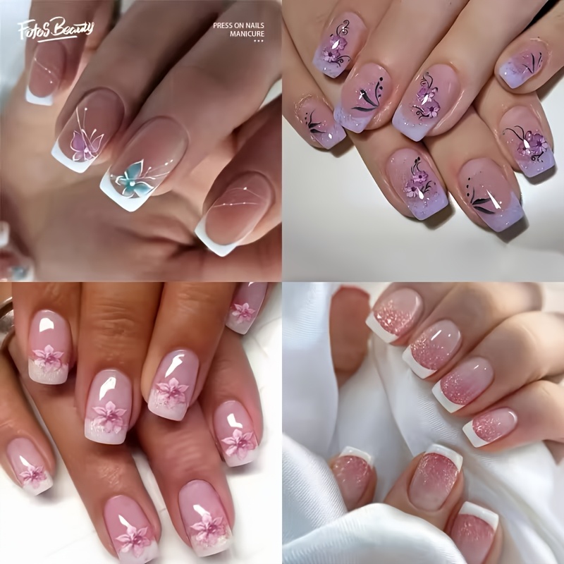 E-shop 4 Arten (96-tlg.) Kurze French-Design-Press-on-Nägel, 4 Stile 4 Farben, für den täglichen Gebrauch geeignet