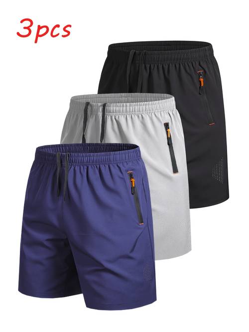 3pcs mens outdoor sports casual shorts solid color zipper pocket quick dry breathable athletic shorts