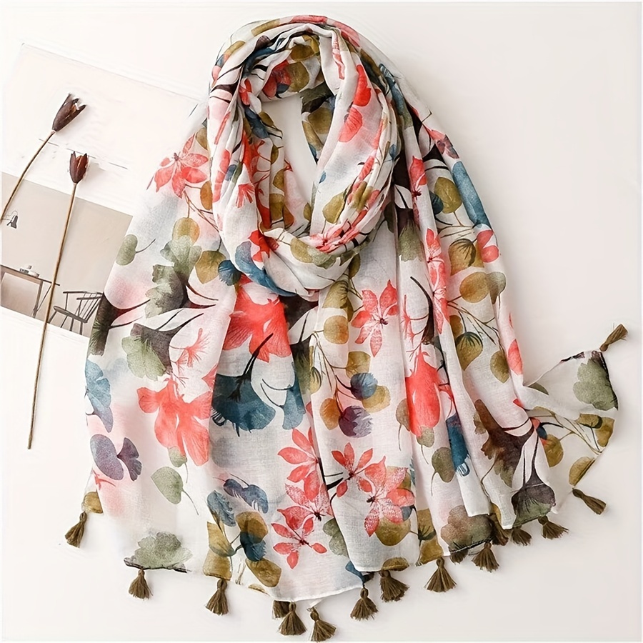 

Mixed Color Flower Print Scarf Thin Breathable Cotton Linen Feeling Shawl With Tassel Boho Style Windproof Sunscreen Travel Scarf For Women