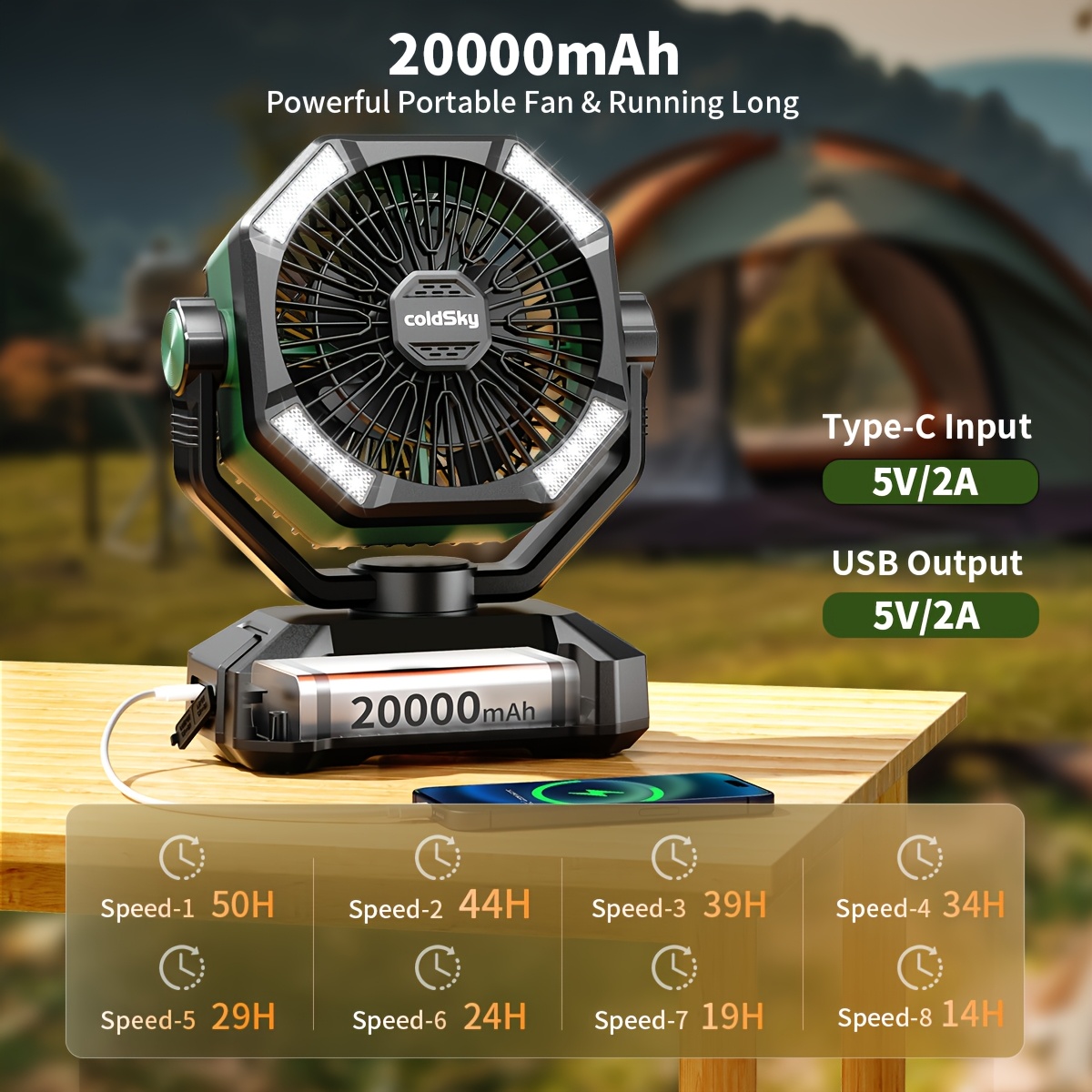 20000mah battery powered camping fan dual motor 8 speed with remote led lanterns portable outdoor fan with hook for outage construction site details 2