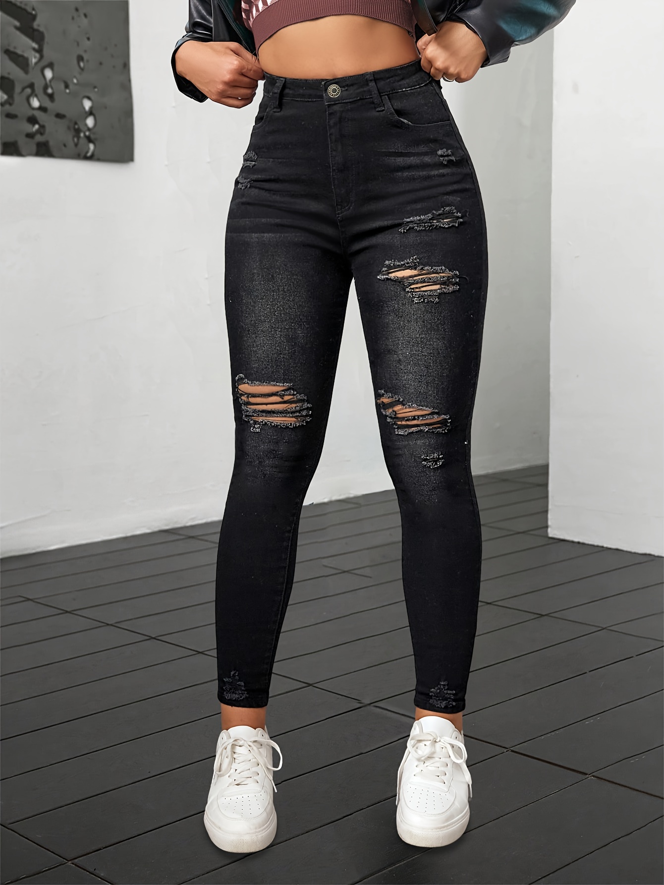 Black Ripped Holes Skinny Jeans Slim Fit Distressed High - Temu
