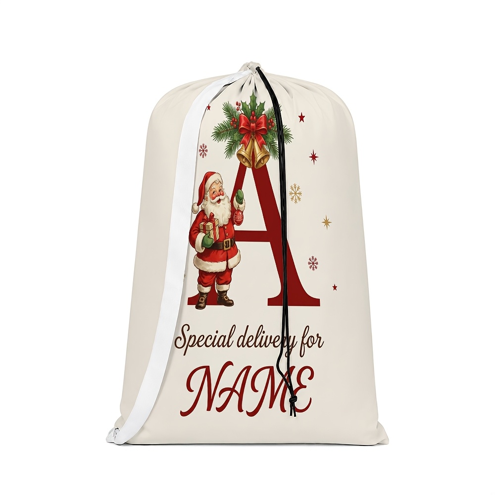 TEMU 1pc Large Christmas Gift Bag, Custom Name, 4 Style Options, Red With Monogram, Santa/reindeer/elf/snowman, Bows/bells Print, Vintage Cream,