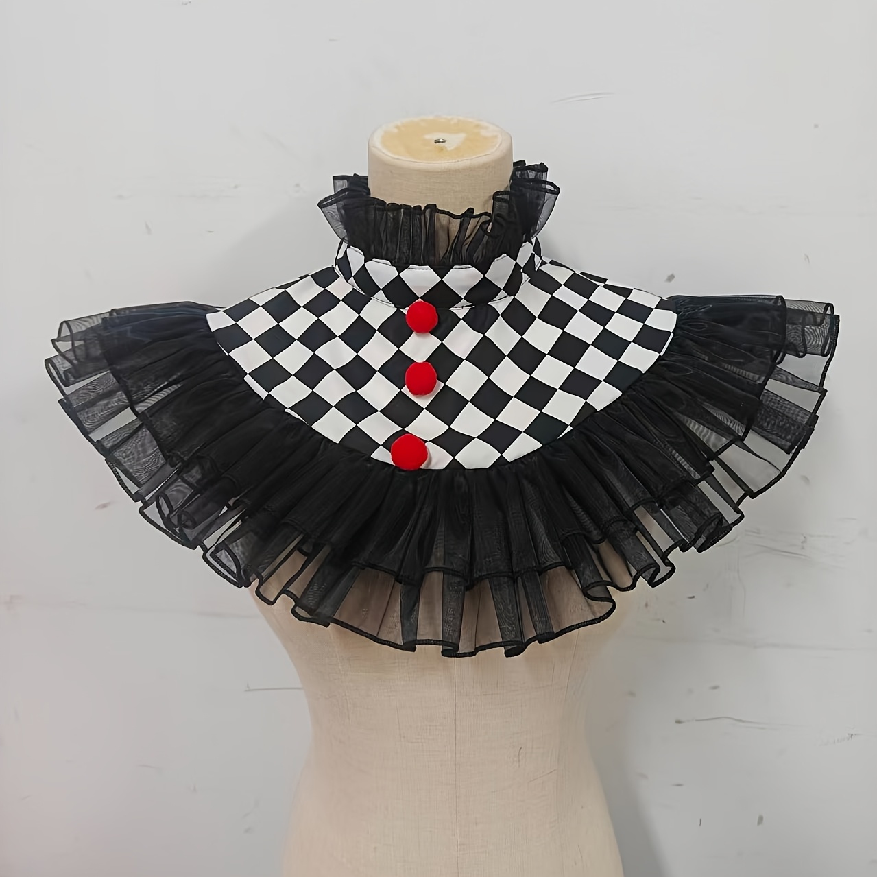 TEMU Halloween Clown Faux Collar Black And White Checkered Red Pom-pom Decoration Tulle Shawl Collar Party Cosplay Decoration Faux Collar Removable