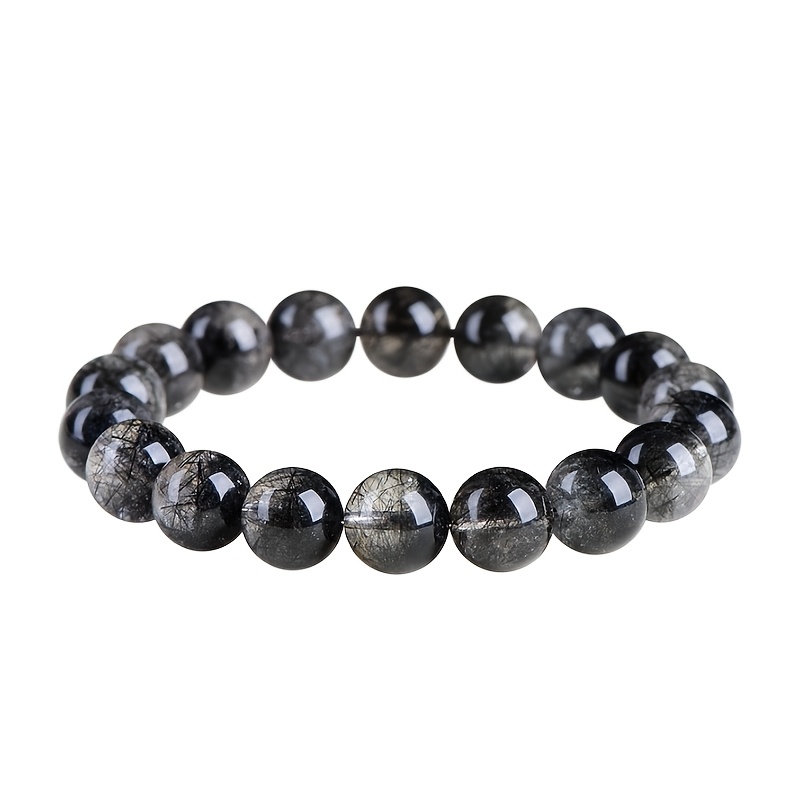 Natural Lace Black Rutilated Quartz Round Bead Bracelet