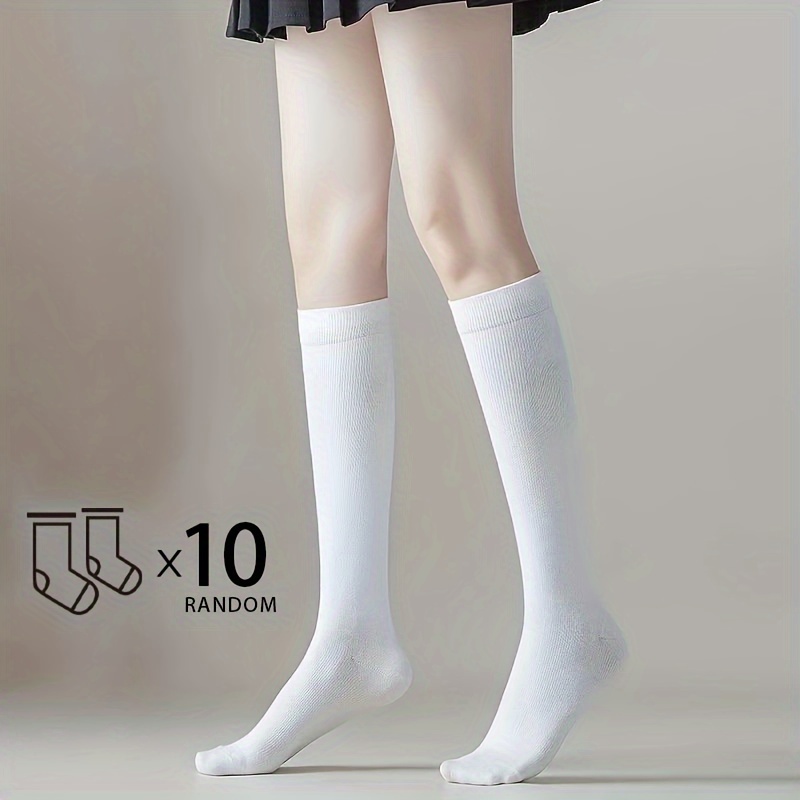 

10 Pairs Classic Solid Calf Socks, Jk Style Comfort Slim Fit Knee High Socks, Women's Stockings & Hosiery For Fall