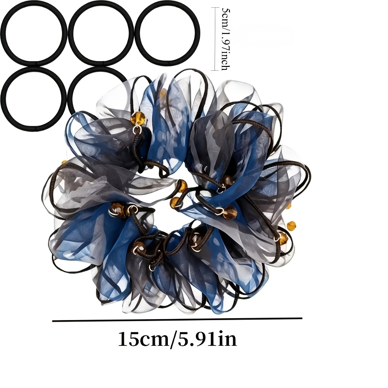 TEMU 6pcs Set: 1 Floral Ponytail Holder And 5 Hair Ties - Elegant Organza Hair Tie Set, Beaded Floral Ponytail Holder, Women's Large Soft Mesh Hair