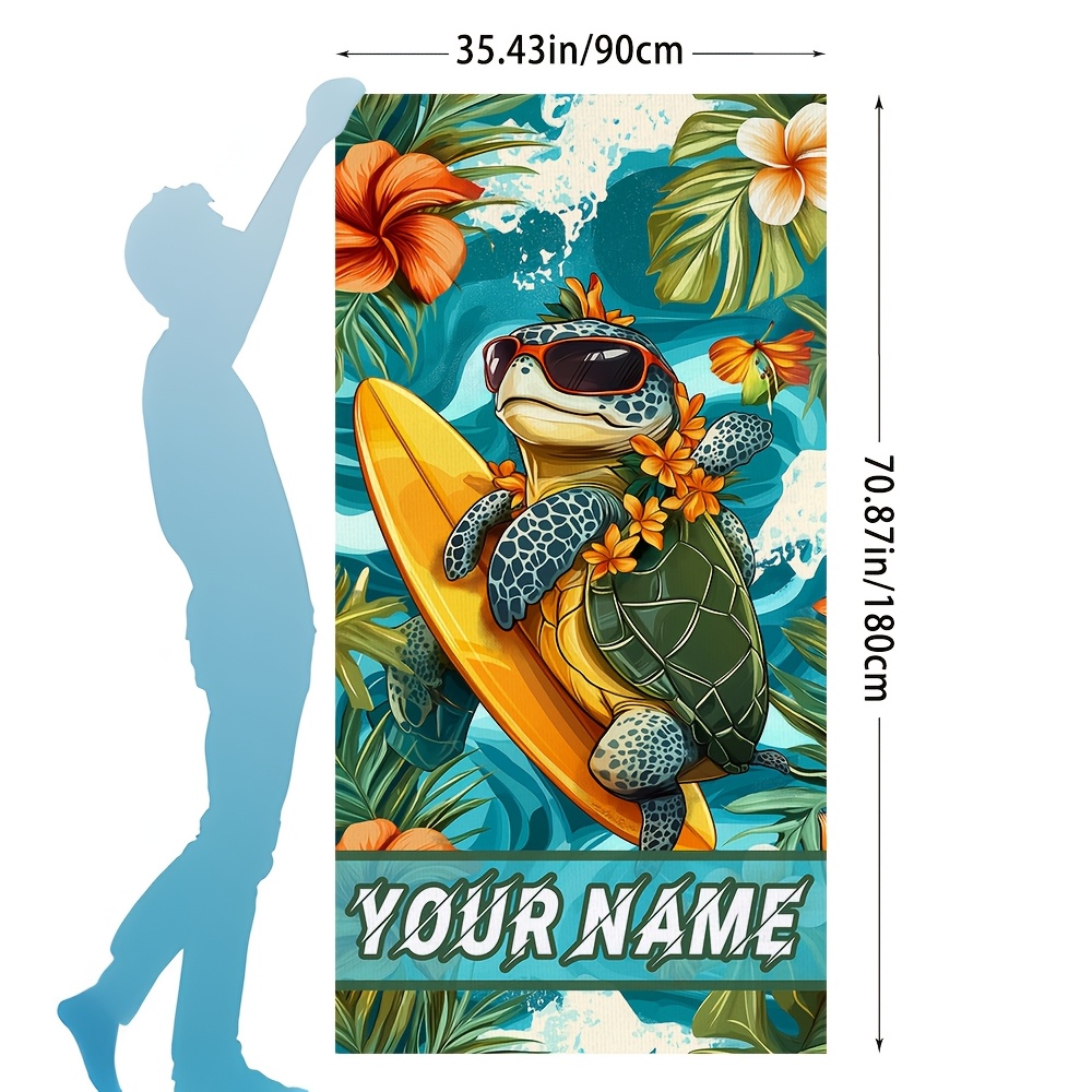 TEMU 1pc Turtle Surfing Pattern Name Customized Beach Towel, Summer Beach Anti-sand Blanket, Super Absorbent Quick Dry Beach Towel, Large Pool Bath