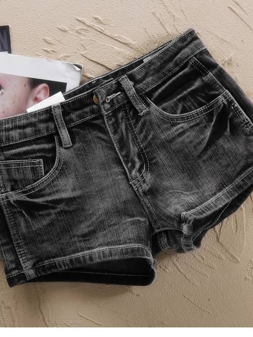womens low waist vintage black gray denim shorts contrast stitching fit bodycon hot pants