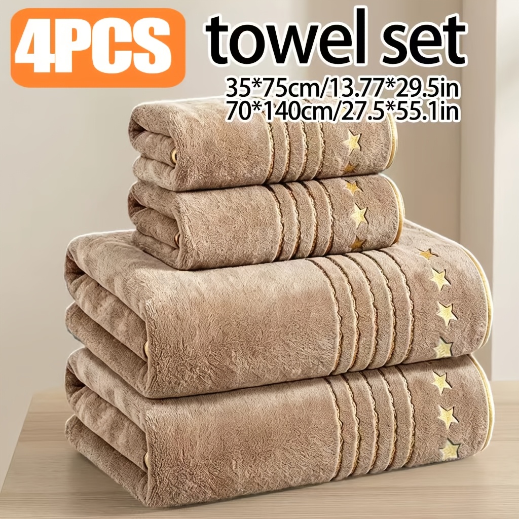 TEMU 4pcs Striped Towel Set -70 * 140cm (27.5 * 55in)+35 * 75cm (13.78 * 29.53in) -2 Bath Towels+2 Towels-coral Material, Absorption, Soft And -