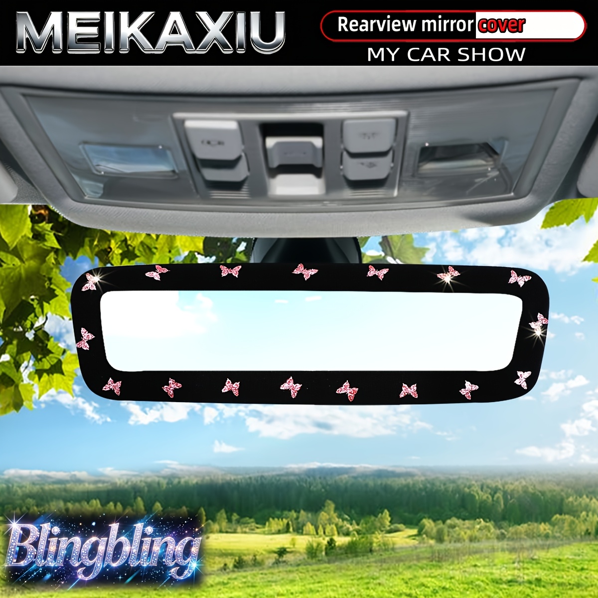 TEMU Cache de rétroviseur de voiture élastique brillant et papillon , accessoire de décoration pour manchon de rétroviseur intérieur de voiture, pour
