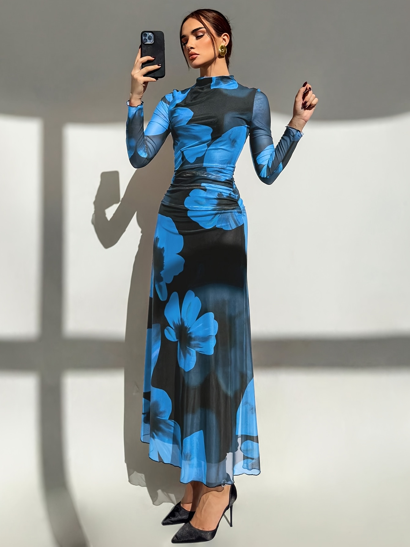 princess polly baby blue dress Elegant Women Tie Dye Printed Ruched Long Sleeve Bodycon Maxi Long Dress  Fall Cocktail Evening Birthday Party Trendy Dresses