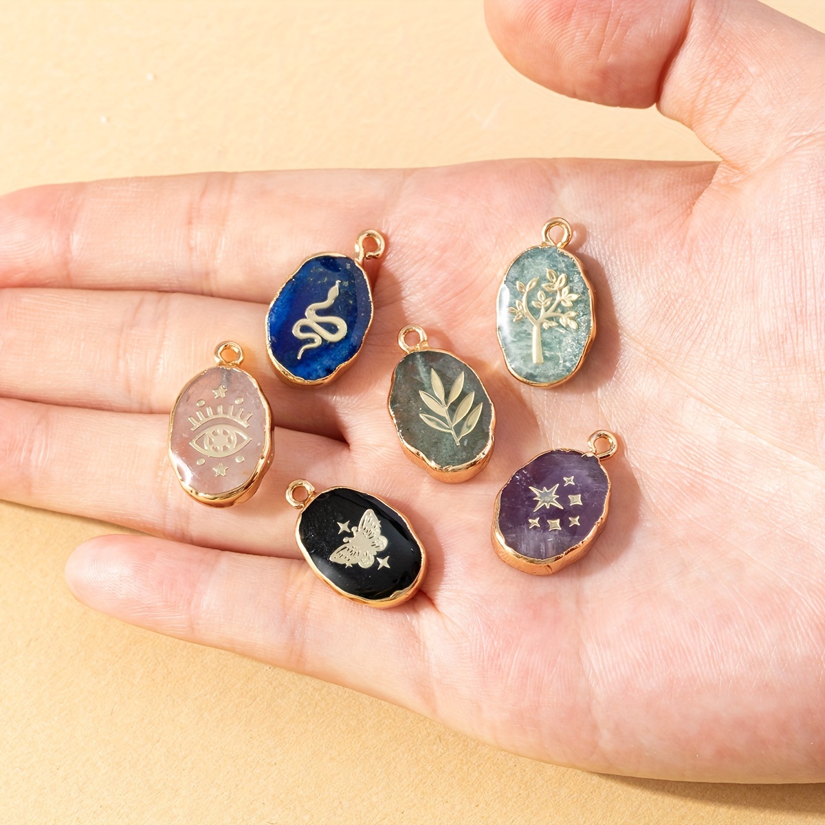 

Elegant Stone Pendant Set: Life Tree, Snake, Eye, Leaf, Stars, Butterfly - Perfect For Diy Jewelry Making