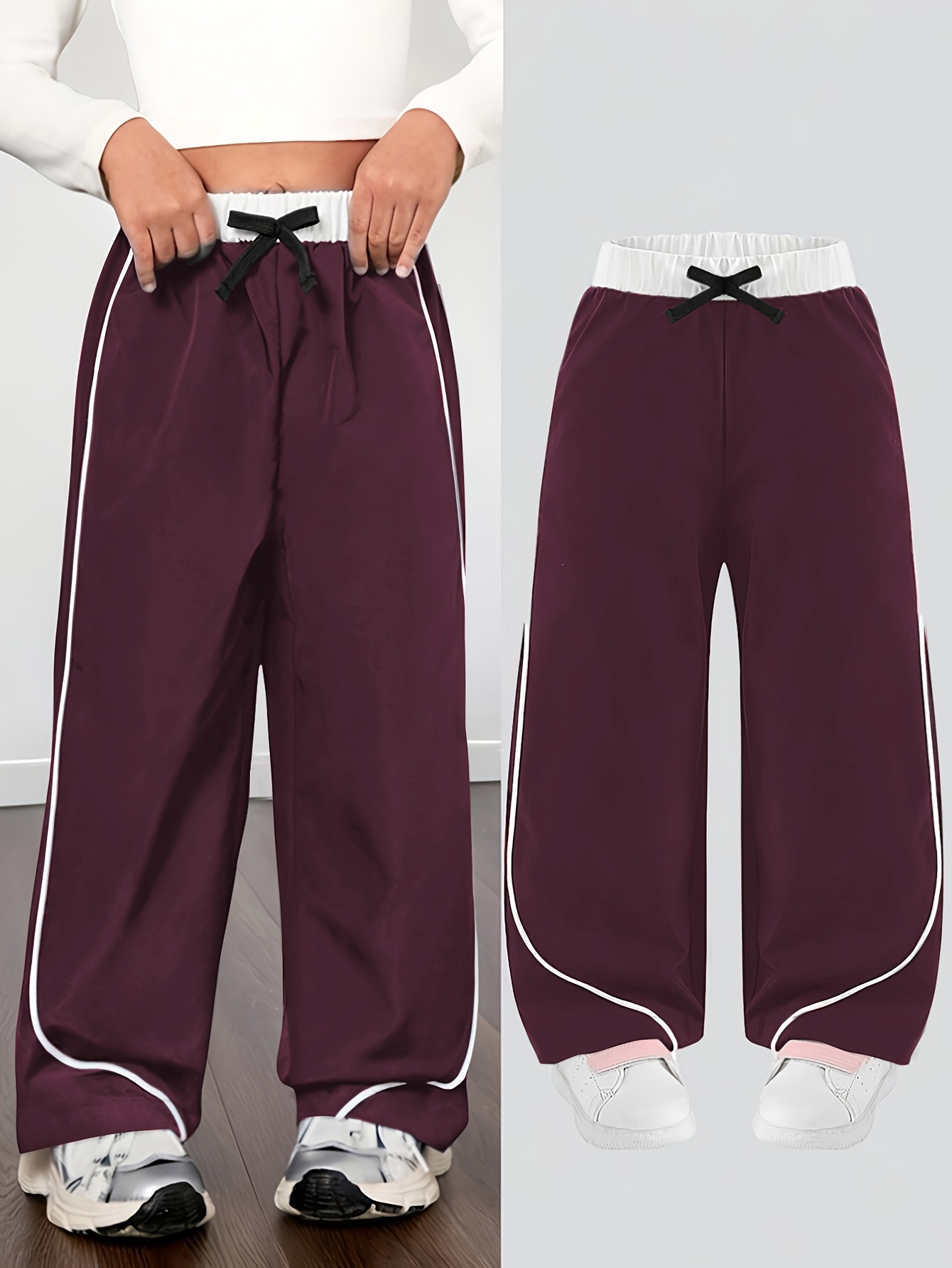 Girls' Color-Block Webbing Windproof Cargo Wide-Leg Pants