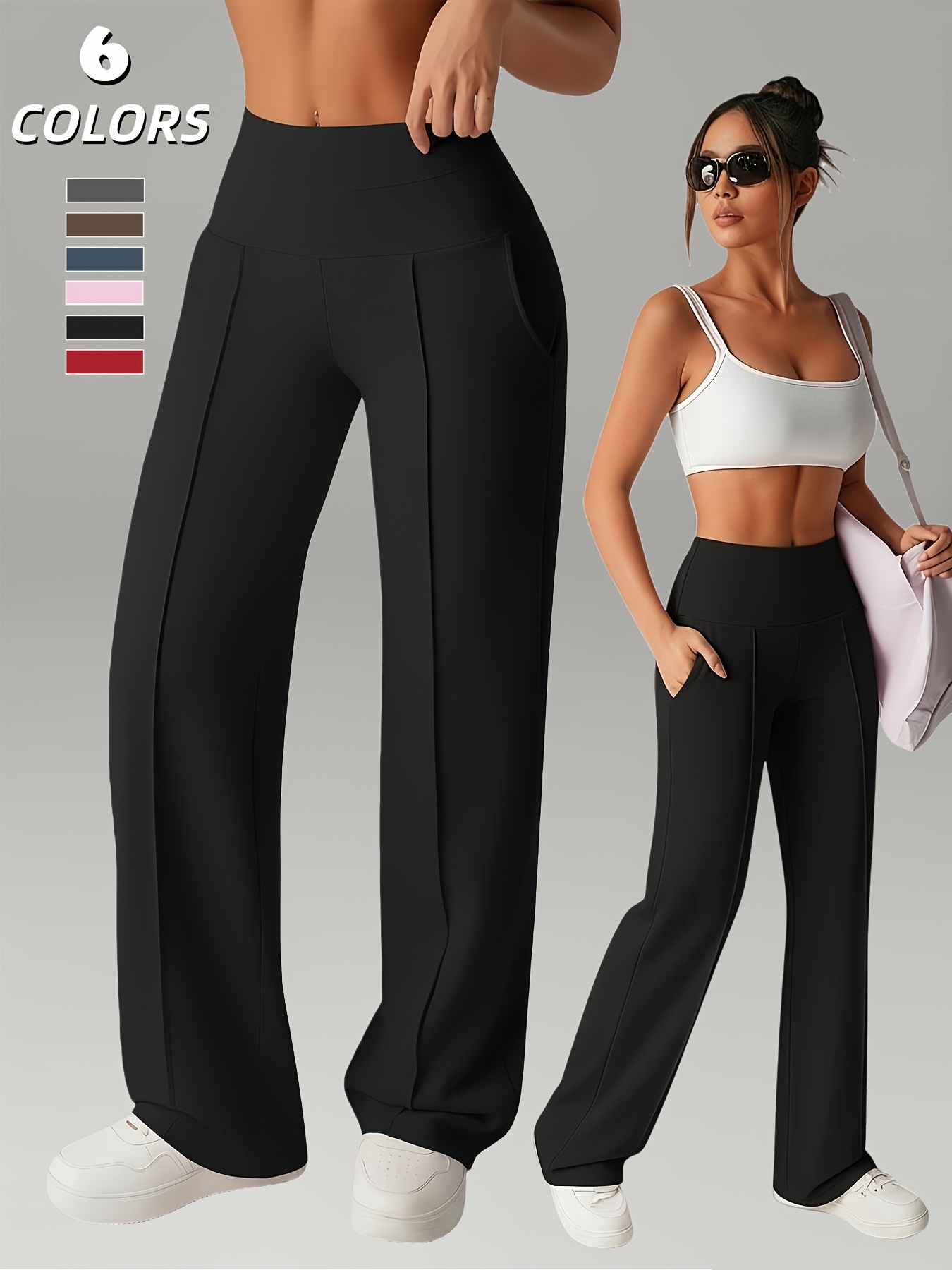 Women'S Leggings, 1pc Straight Wide-Leg Pants, Athletic Quick-Dry Yoga Pants with Pockets, Commuter-Friendly Yoga Trousers, Stretch Athletic Pants High-Waist Leggings, Slight Flared Skinny Pants