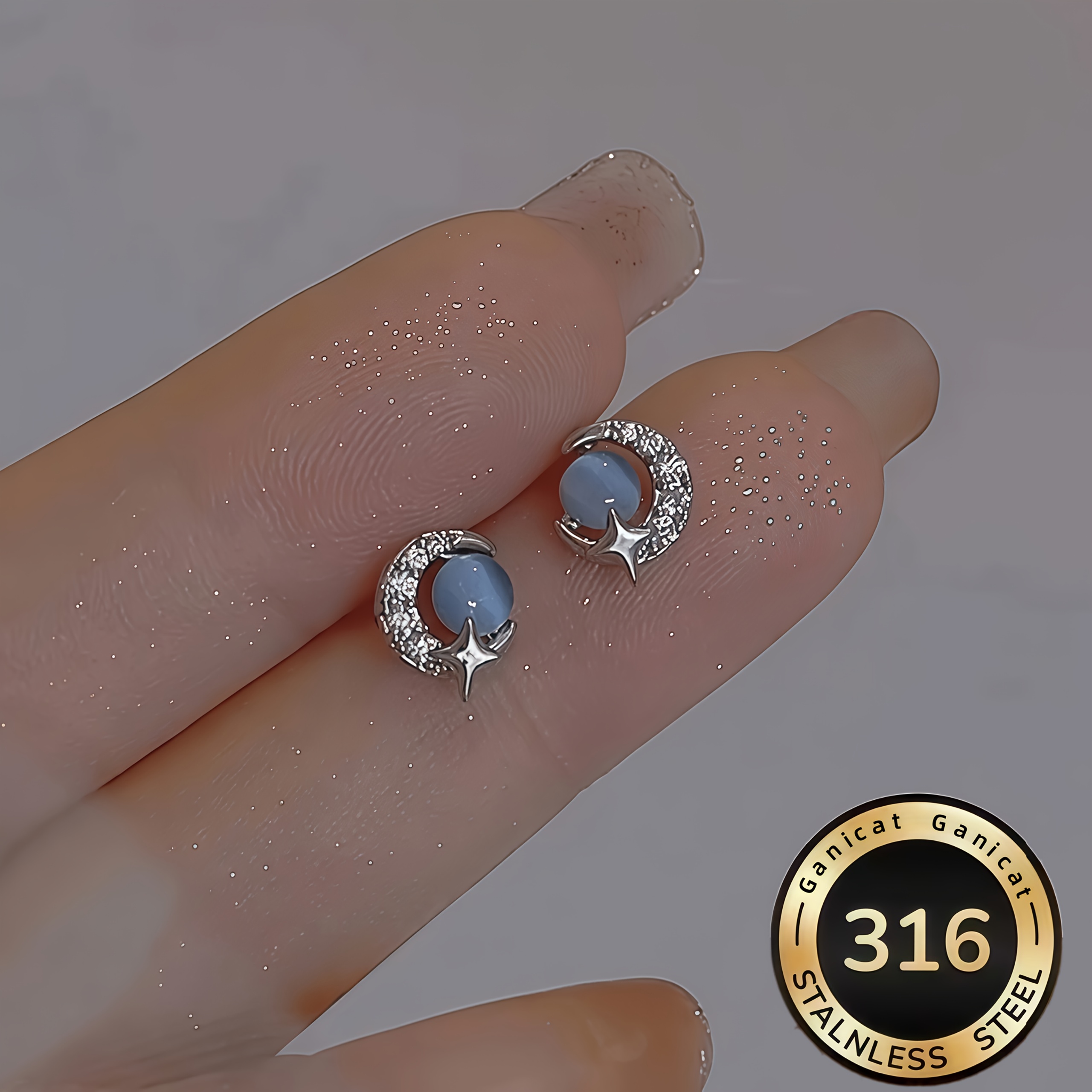 TEMU [Ganicat ] Aretes delicados de azul en acero inoxidable 316 - Elegantes aretes de luna y estrella para un mágico en a día
