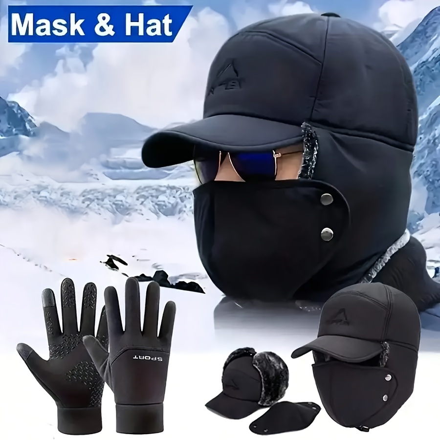 

2pièces/ Ensemble Hiver Chaud Plus Épaissie Laine Artificielle Casquette de Pilote Touch Screen Gants Extérieur Vélo Convient Pour Hommes Et Femmes Ski Montagnard