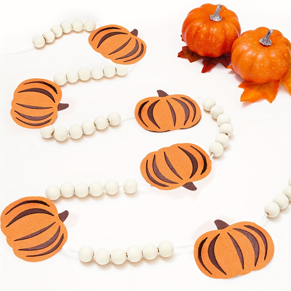 

Rustic Felt Pumpkin & Wood Bead Garland - Halloween & Thanksgiving Decor, Design