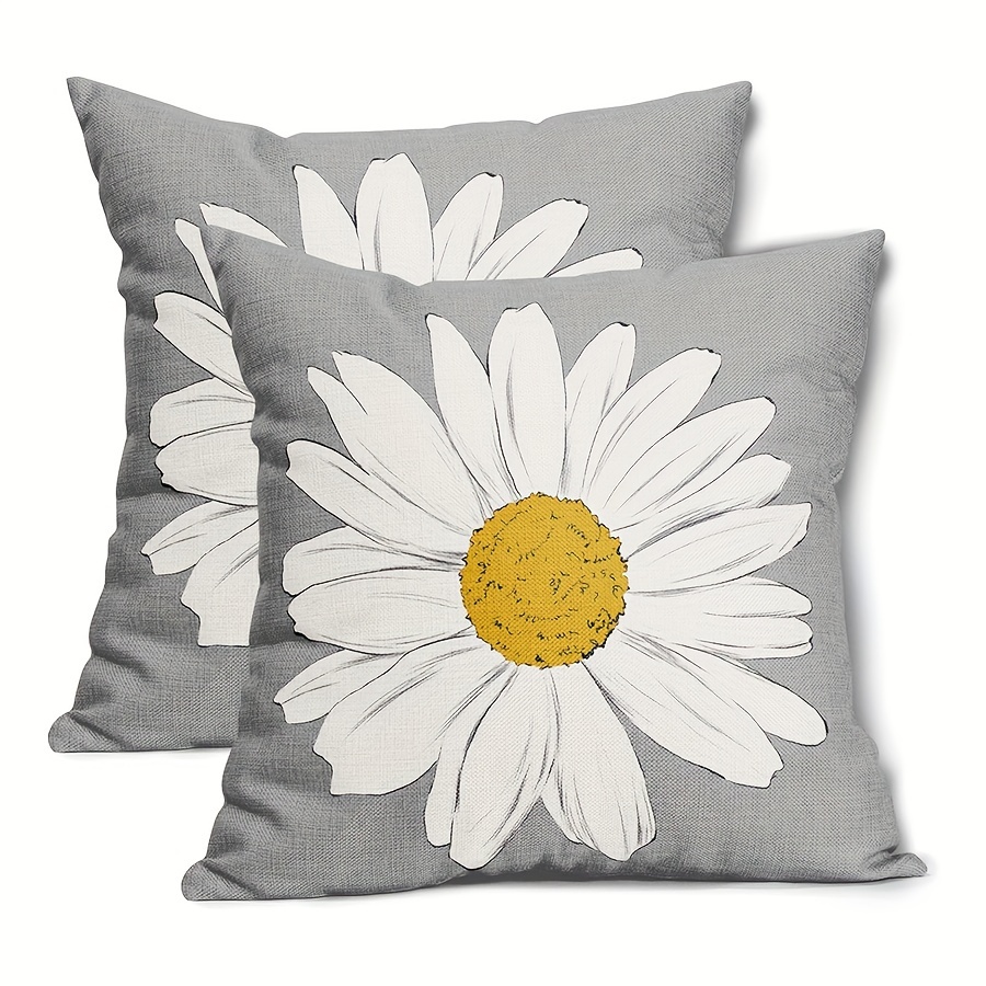 

2-pack Linen Daisy Throw Pillow Covers - Contemporary Zippered Decorative Cushion Cases, Woven Floral Design, Machine Washable, Versatile For Various Rooms - 16x16, 18x18, 20x20 (covers Only)
