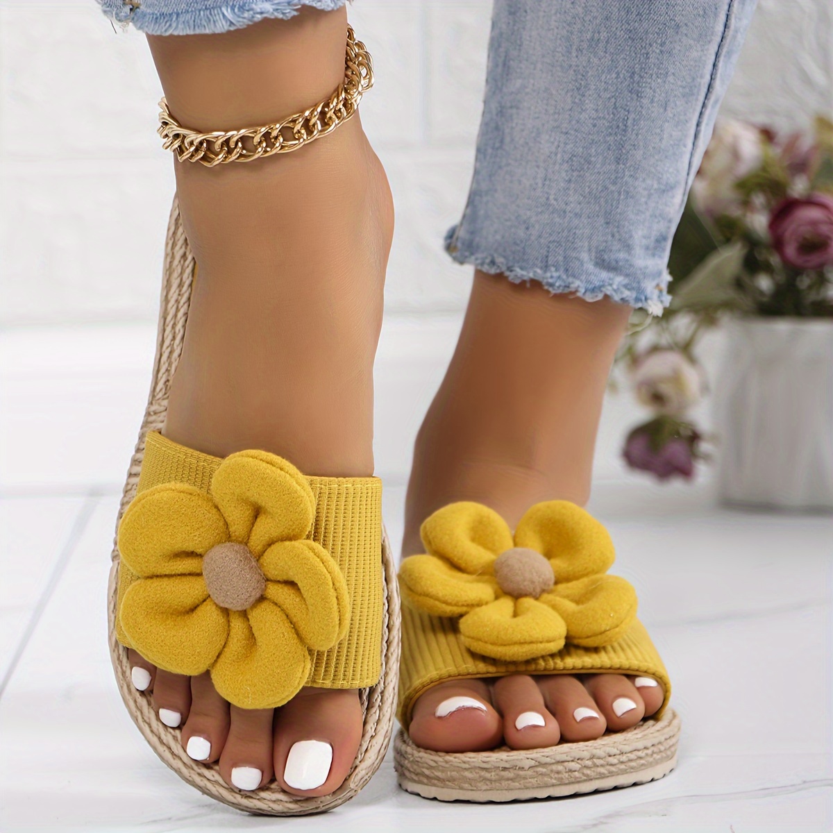

Women's Flower Decor Slides, Casual Open Toe Flat Summer Shoes, Comfortable Slip On Slides