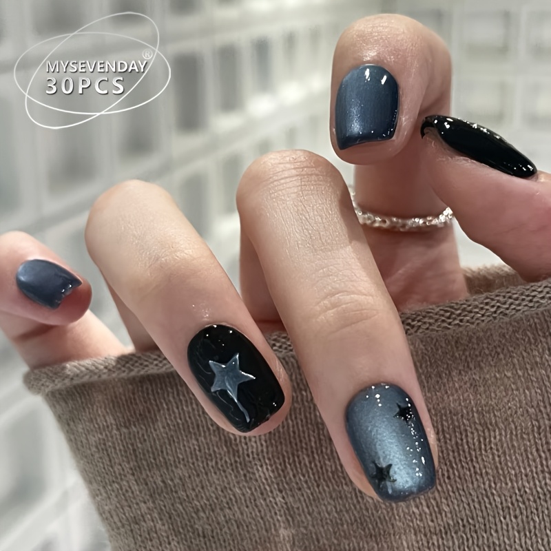 TEMU 30pcs Of Short Press-on Square And Round Fake Nails, Featuring A Dark Blue Gradient Cat Eye Glossy End With Star Patterns, Suitable For Everyday