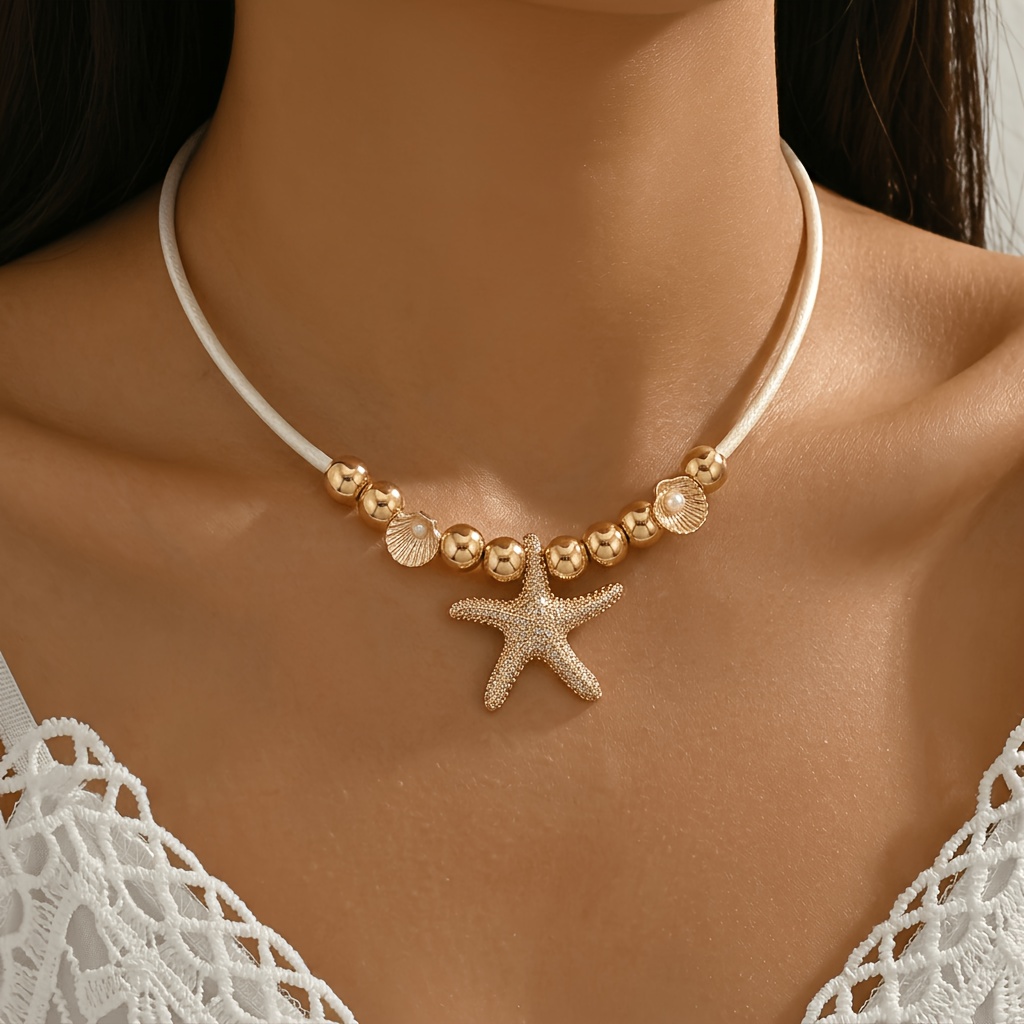 TEMU Collana a 1 pezzo con intrecciata a tema , catena di perline dorate e ciondolo tridimensionale a forma di stella marina. Entrambi i lati