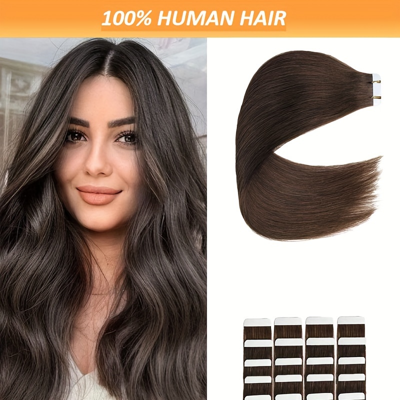

20-piece Medium Brown Tape-in Human Hair Extensions, 18-26 Inches - Natural Seamless Straight Volume Boost For Women