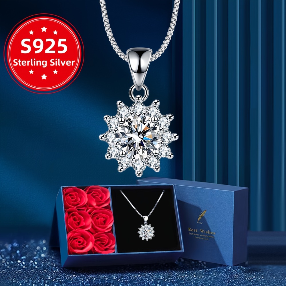 

925 Sterling Silver Moissanite Sunflower Pendant Necklace With Gift Box, Feminine Hypoallergenic Elegance - Delicate Clavicle Chain, Perfect Jewelry Gift To Women And Girls On Any Occasion