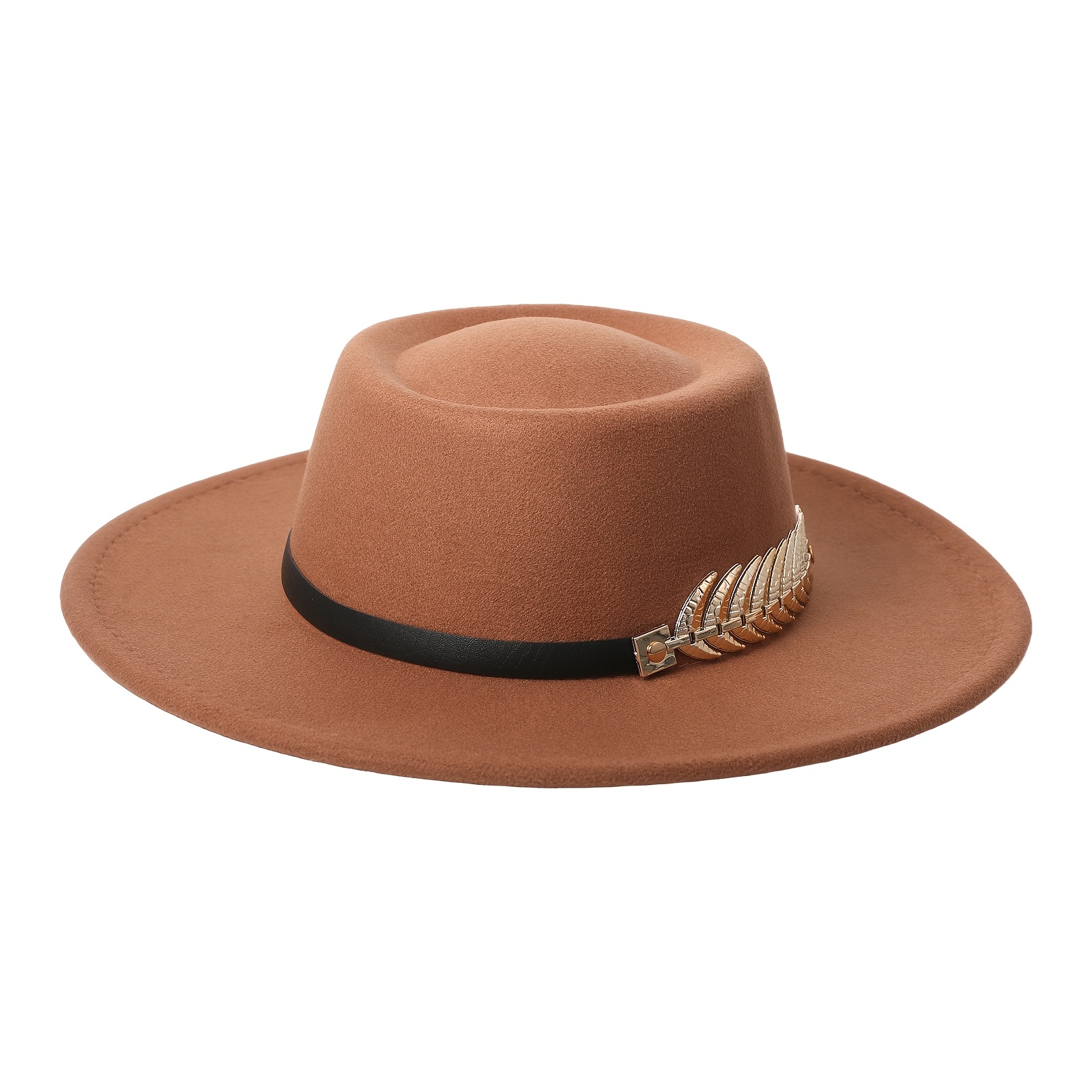 Image of 2d Flat - Women's Elegant Felt Flat Brim Hat With Golden Metal Fishbone Trim Hatband: Suitable For Formal And Casual Styles