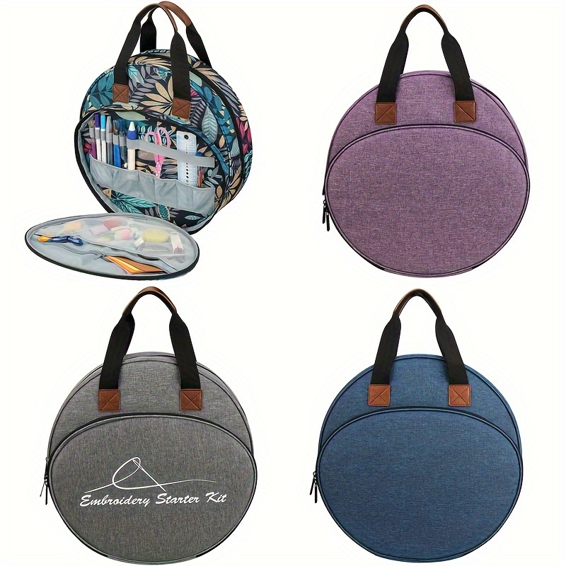 

Embroidery & Kit Organizer - Round Canvas Tote With Zipper Pockets For Hoops, Charts & Threads Storage, Sewing Storage