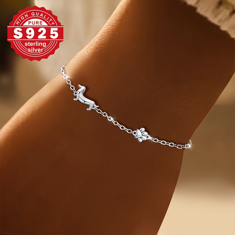 Image of A S925 Sterling Silver Adjustable Bracelet For Women, Featuring A Cute Dachshund Design With Sweet , Exquisite And Elegant, Wear, , Graduation Gifts, And Valentine's Day Gifts