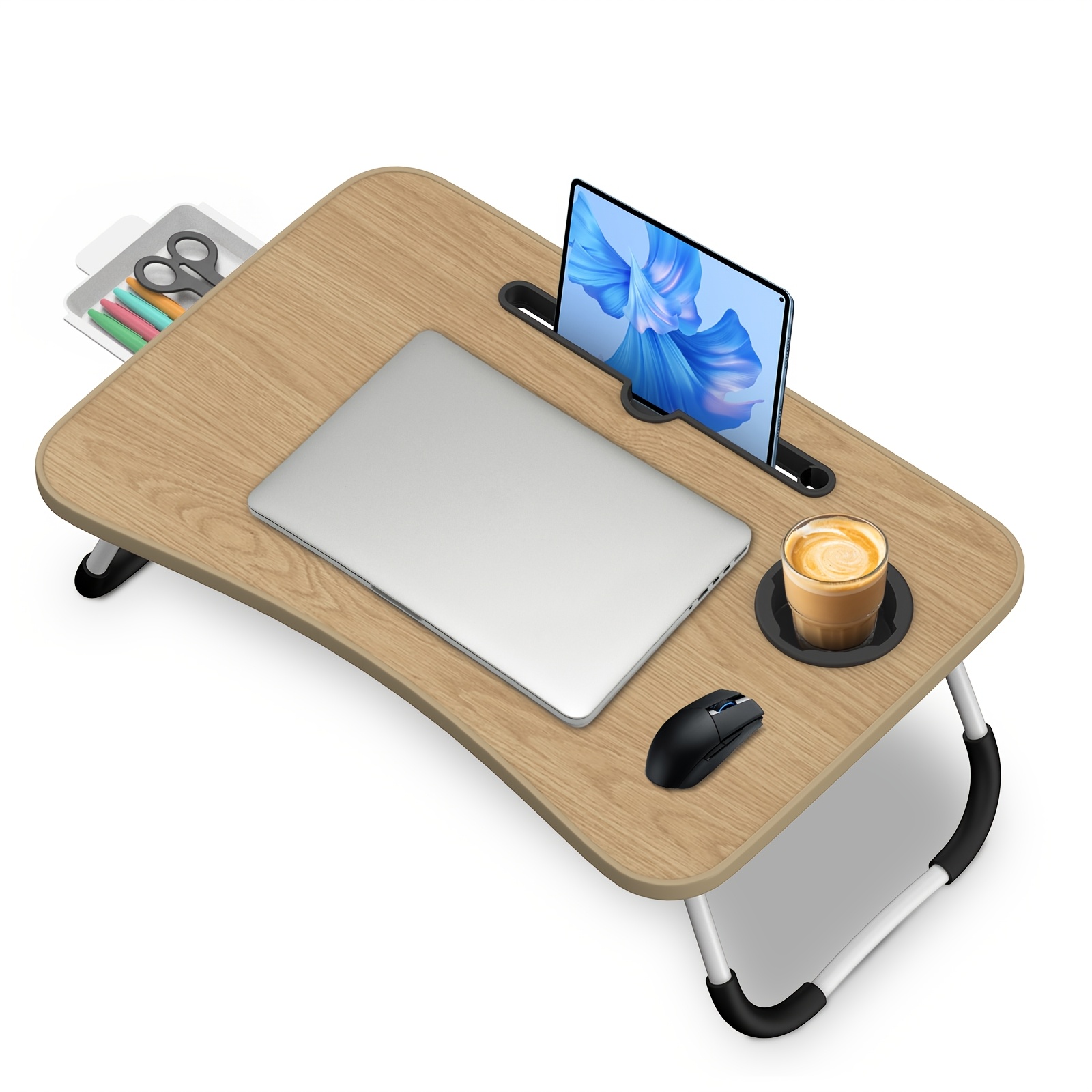 Image of Multi Functional Folding Table, Laptop Desk, Office Desk, Bedroom Desk, Built-in Cup Holder, Phone Card Slot And Drawer, Suitable For All Bedroom/living Room/bedroom , Office Supplies