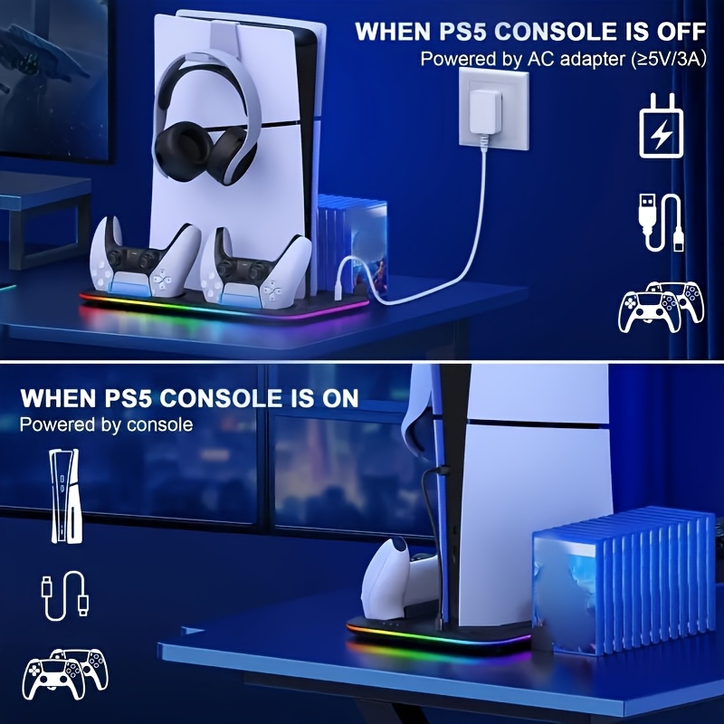 PS5 & PS5 Slim Cooling Stand with RGB LED, Controller Charger, Handle Dock, Disc Storage Slot & Earphone Hook - Durable ABS Material