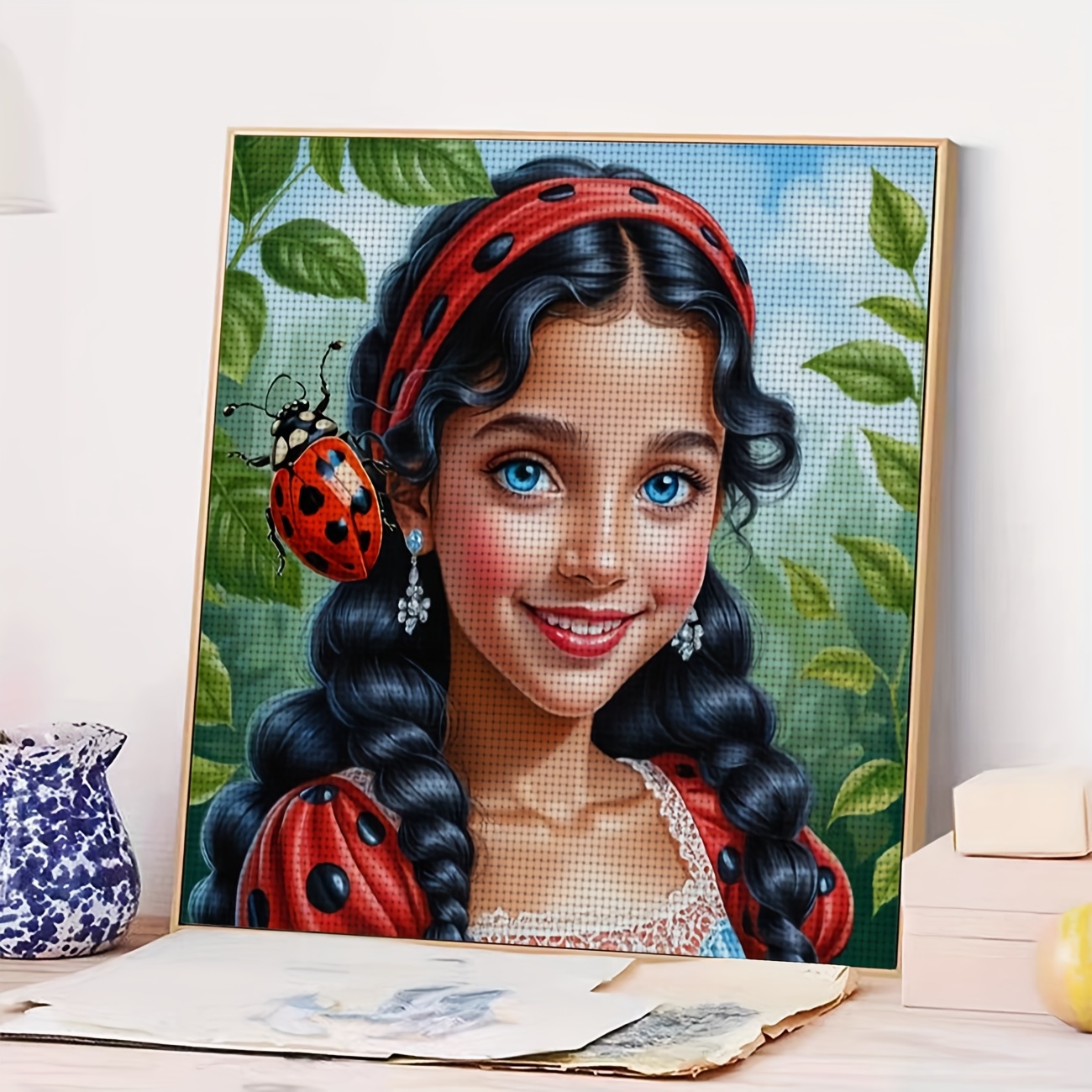 Printed DIY Cross Stitch Kit, Little Girl with Ladybug Pattern