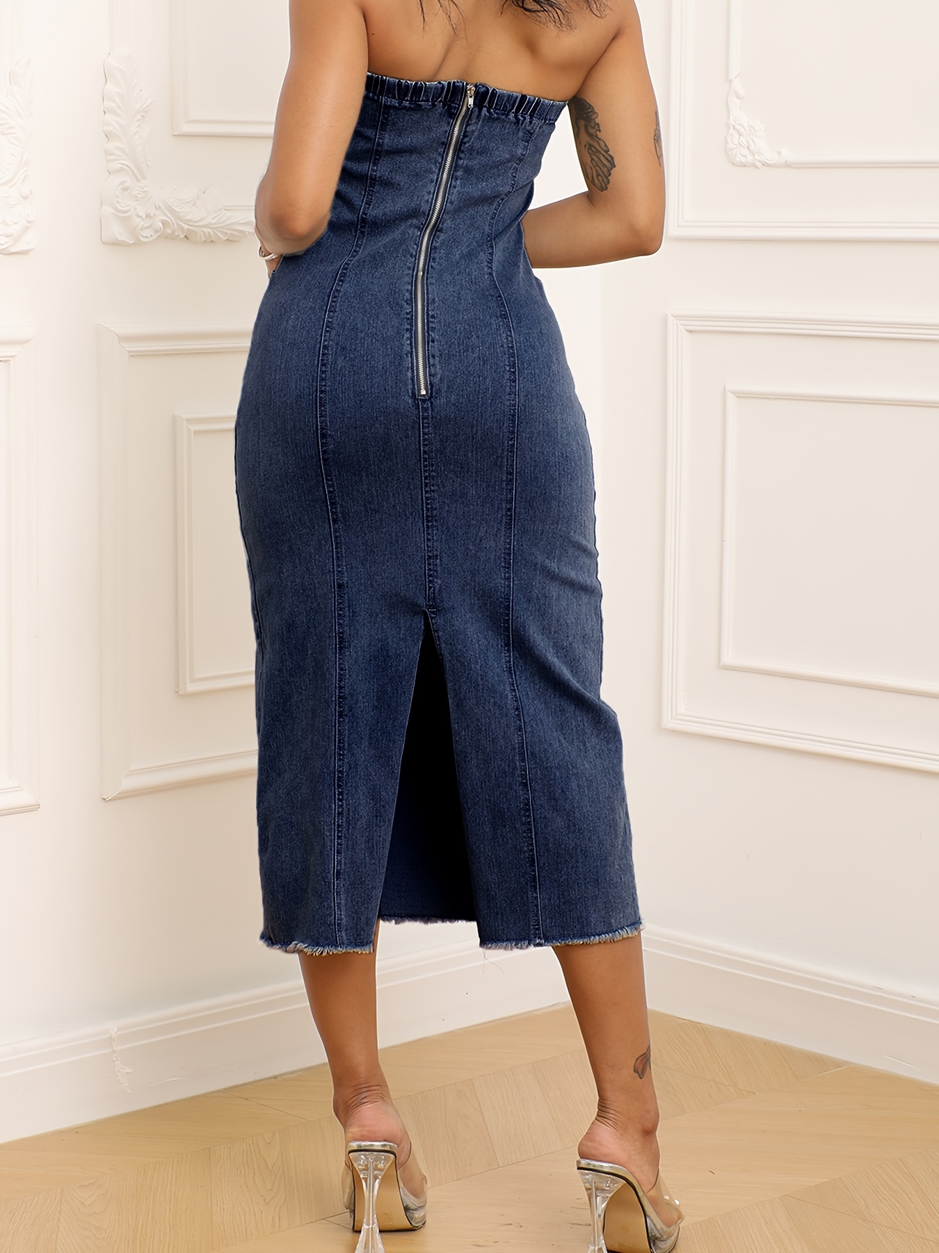 cami backless slit denim midi dress zipper closure bodycon - Temu United  Arab Emirates