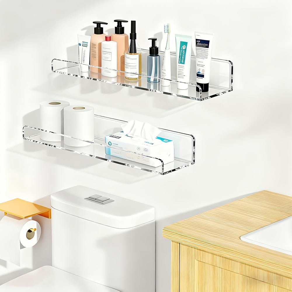 TEMU Acrylic Wall-mounted Shelves For Storage, No-drill Adhesive Mounting, Transparent Adhesive Bathroom Wall Shelves, Plastic Floating Shelves,