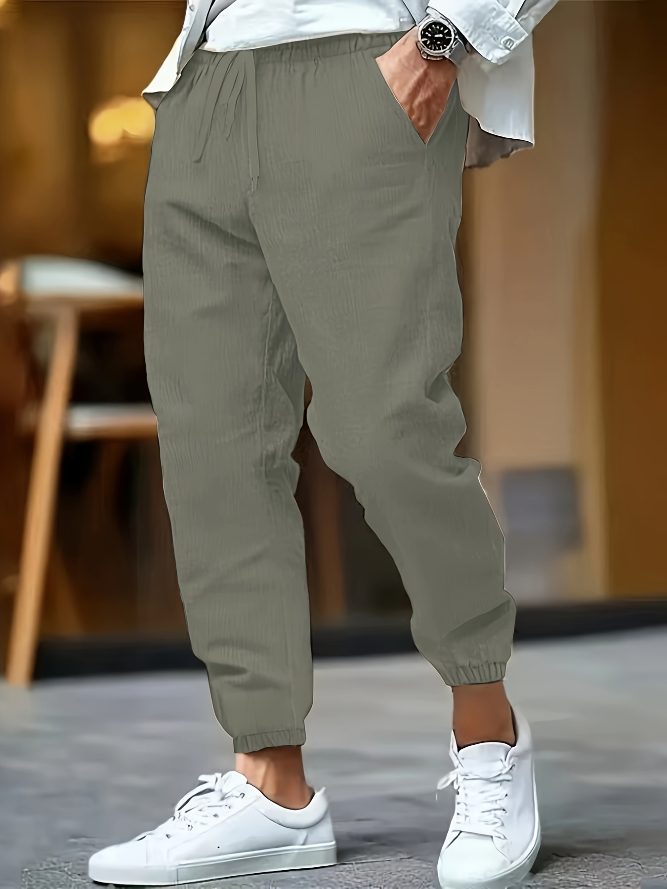 pantalones casuales lino hombre cordón cintura elástica Temu Spain