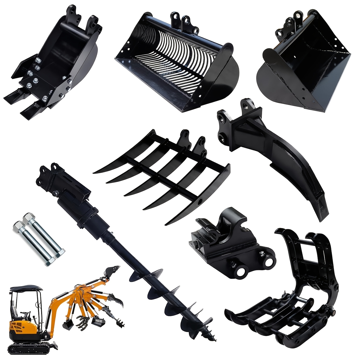 set of 8 mini excavator attachments including   narrow bucket   rake auger   and screening bucket for small     in   Product details 3